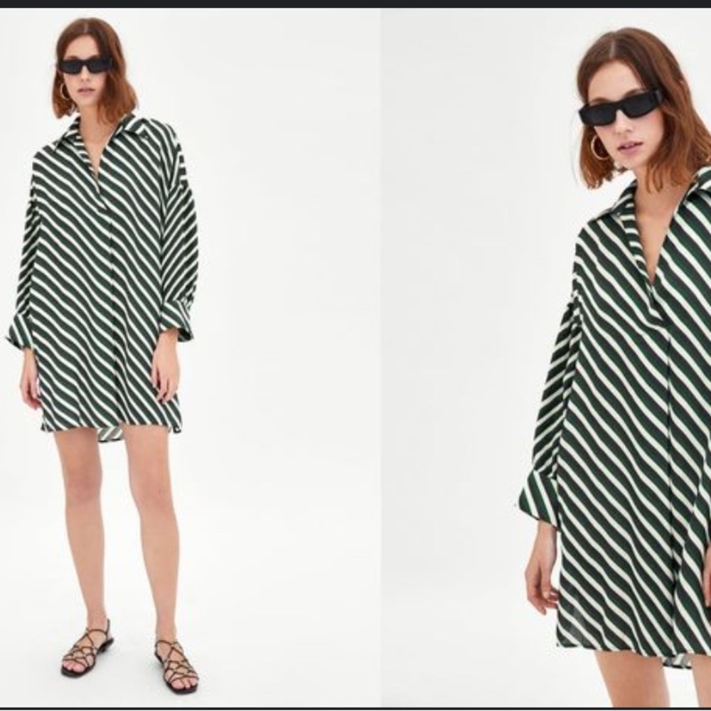 Zara Stylish Green and White Striped long sleeve dress
